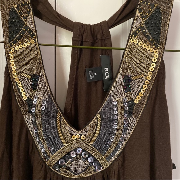 Macy’s BCX Gold Sequin Neckline Brown Halter Top - Picture 2 of 7